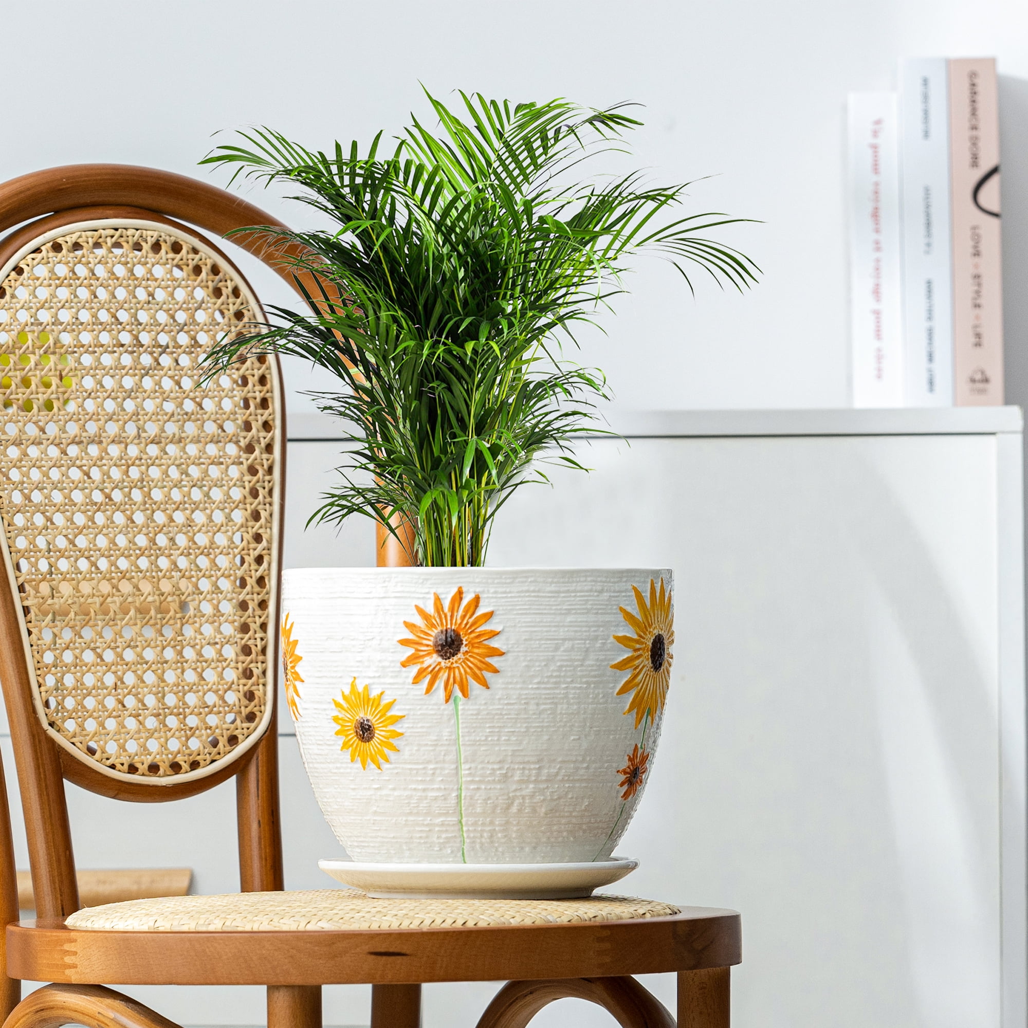 8 Inch Plant Pot, Sunflower Ceramic Planter with Drainage Holes and Saucers for Plants Indoor and Outdoor Flower Pot