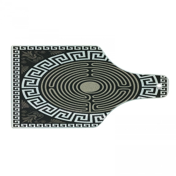 Greek Key Cutting Board, Grecian Fret and Wave Pattern on Dark Background Antique Retro Swirls, Tempered Glass Cutting and Serving Board, Wine Bottle Shape, Dark Brown Coconut Tan, by Ambesonne