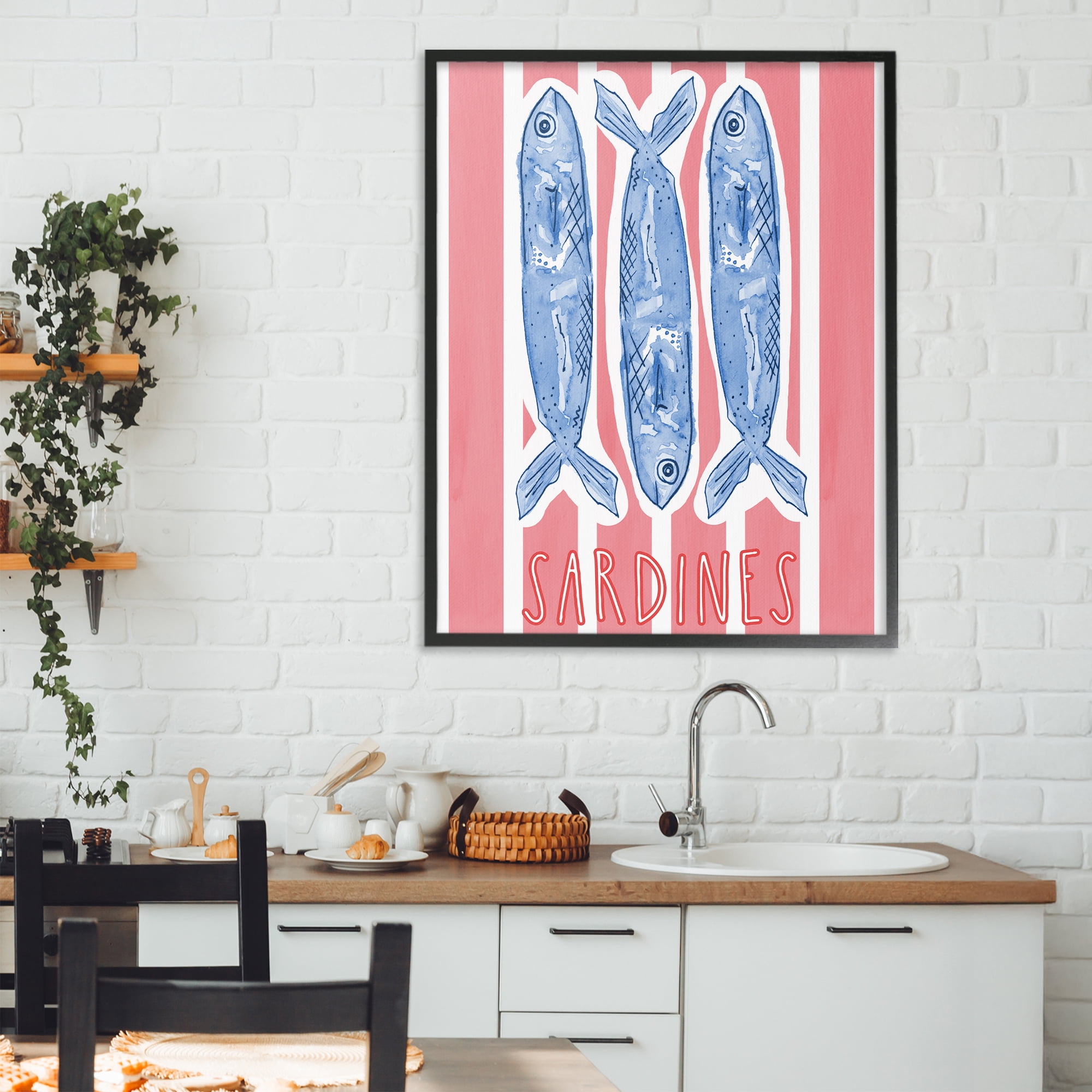 Stupell Industries Americana Sardines on Pink Stripes Black Framed Giclee Art, design by Nola James