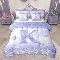 Homewish Purple Sequin Print K Twin Bedding Sets 7-Piece for Kids, Romantic Diamond Love Heart Bedding Comforter Set, Fashion Mabrling Abstract Reversible Sheet Sets, Luxury Bedroom Decor