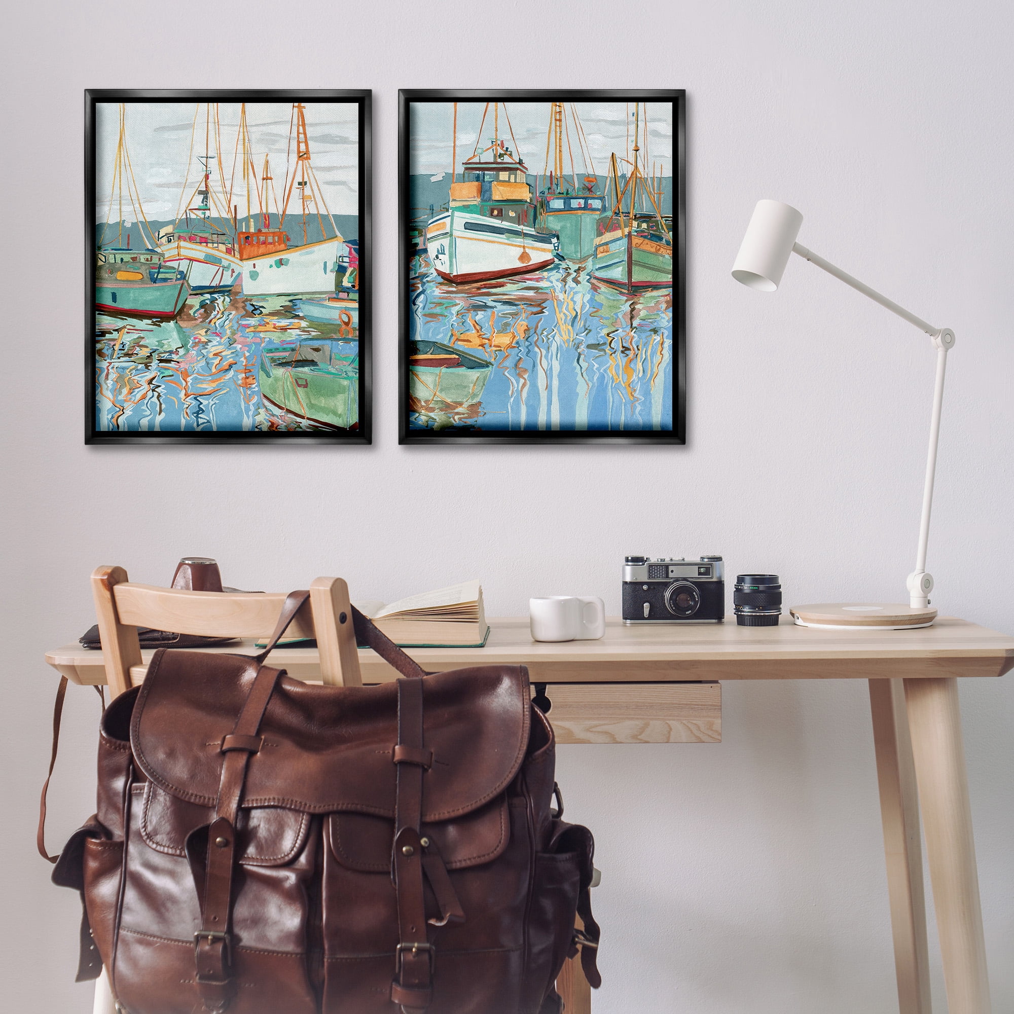 Stupell Industries Marina Ships Reflection Transportation Painting Black Floater Framed Canvas Art Print Wall Art, 25 x 31, Set of 2