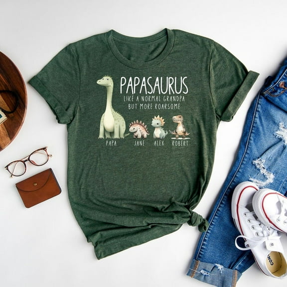 Custom Papasaurus T-Shirt, Dinosaur Dad Shirt with Kids’ Names, Funny Grandpa Tee, New Father’s Day Gift