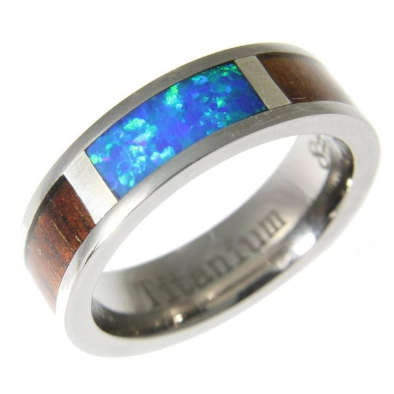 Genuine Hawaiian koa wood inlay synthetic opal band ring titanium comfort fit 6mm size 7.5