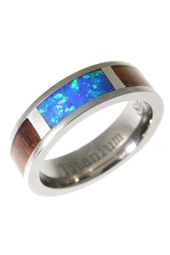 Genuine Hawaiian koa wood inlay synthetic opal band ring titanium comfort fit 6mm size 5