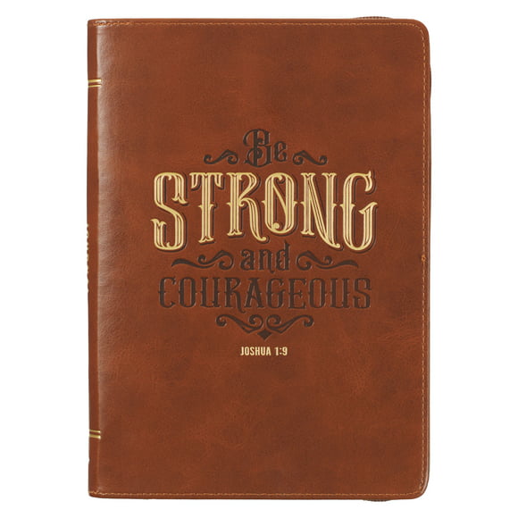Christian Art Gifts Scripture Journal Brown Be Strong Joshua 1:9 Bible Verse Inspirational Faux Leather Notebook, Zipper Closure, 336 Ruled Pages, Ribbon