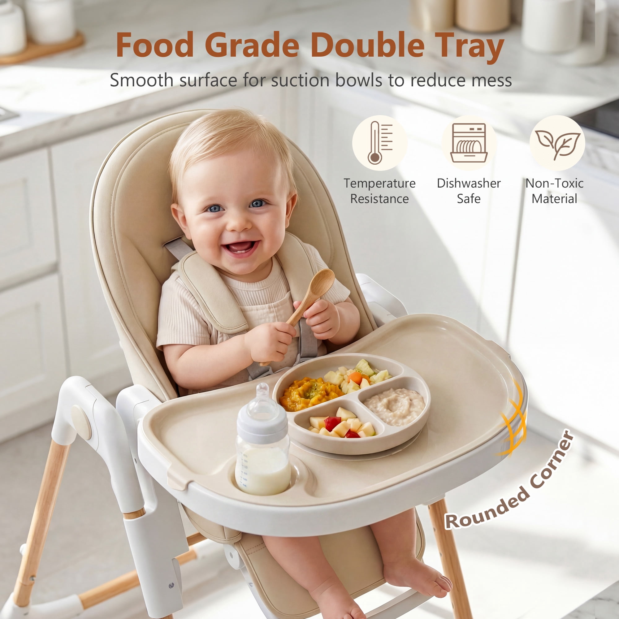 LINLUX Foldable High Chair for Babies, Toddler Eating Chair with Detachable Double Trays, Beige