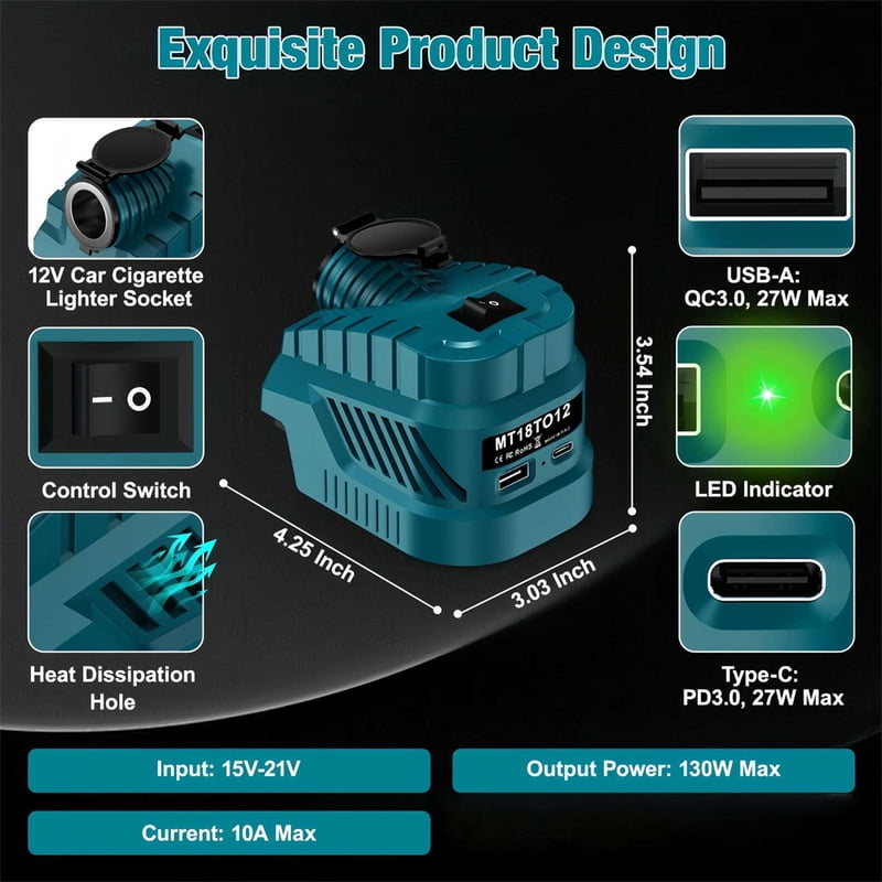 Buck Converter Regulator Cigarette Lighter Jack For De*walt 18V-21V Battery 240W USB Type C Ports Power Supply