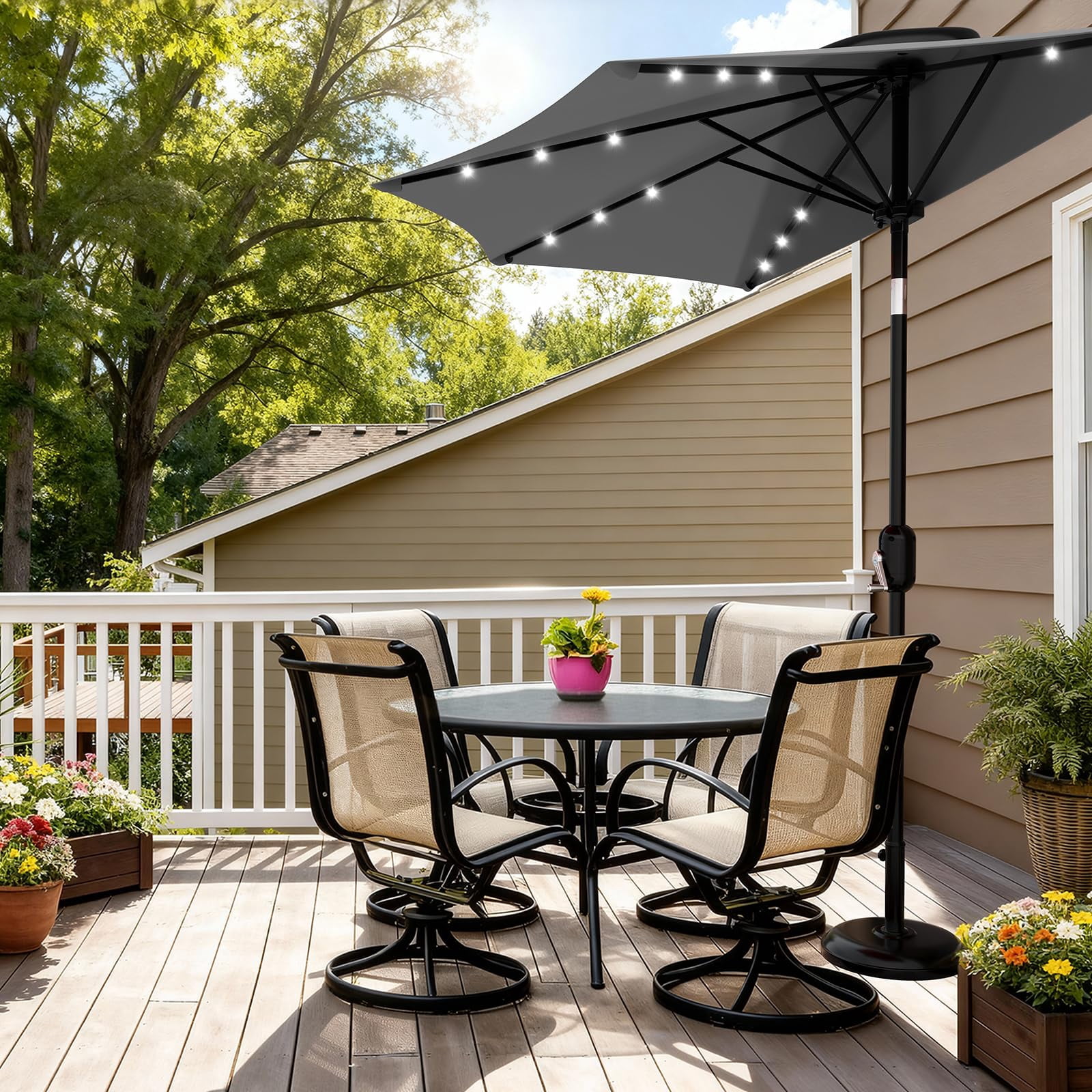 Senfot 9FT Half Patio Umbrella with Solar LED Lights, Smooth Crank Lift Outdoor Shade Canopy, UV Resistant for Patio Backyard Deck, Gray