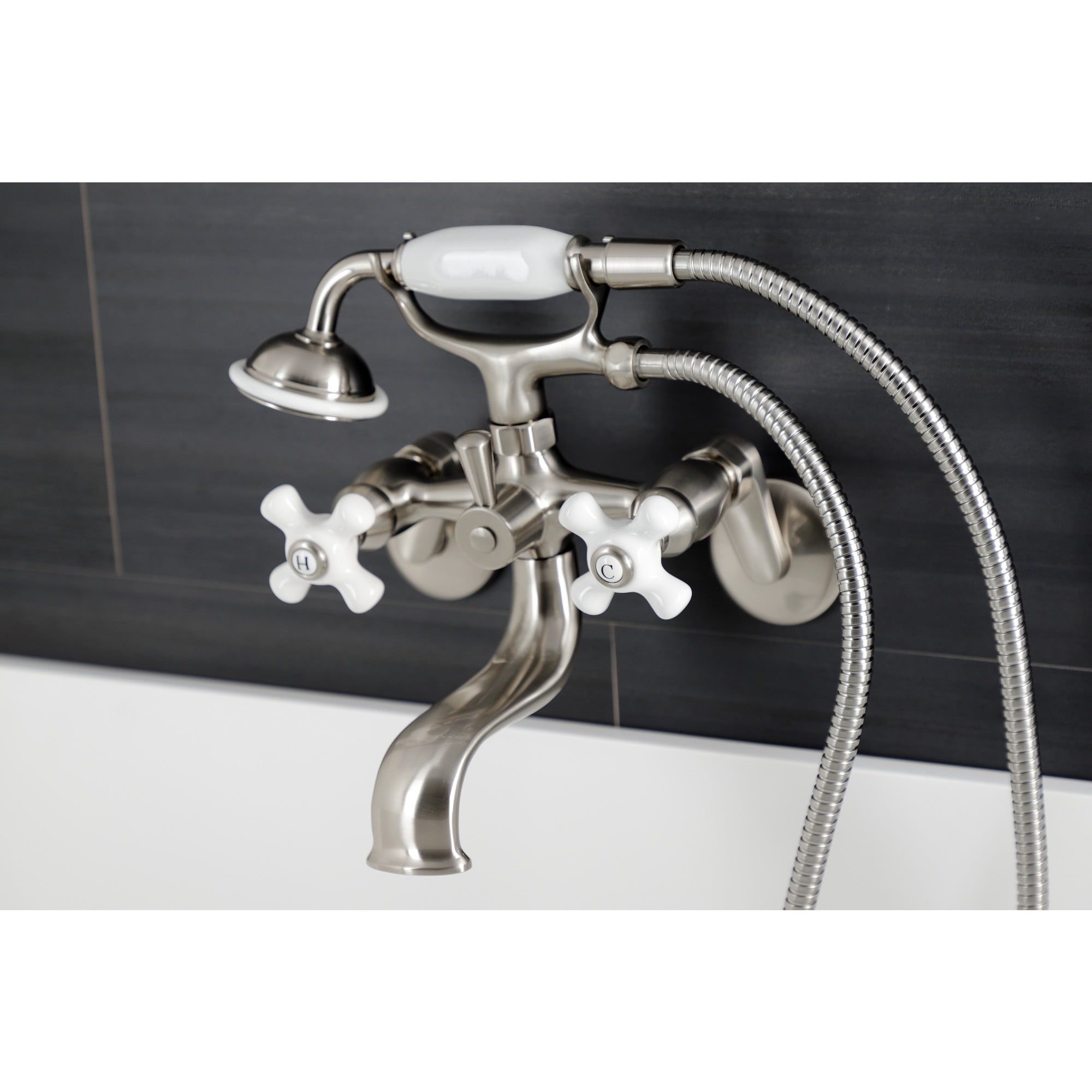 Kingston Brass KS226PXSN Kingston Three-Handle 2-Hole Wall Mount Clawfoot Tub Faucet with Hand Shower in Brushed Nickel