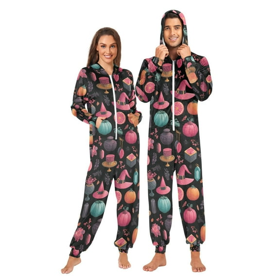 Adult Christmas Onesie Witch Hat Pink Adult Zipper One-Piece Pajamas Unisex Pajamas with Pockets