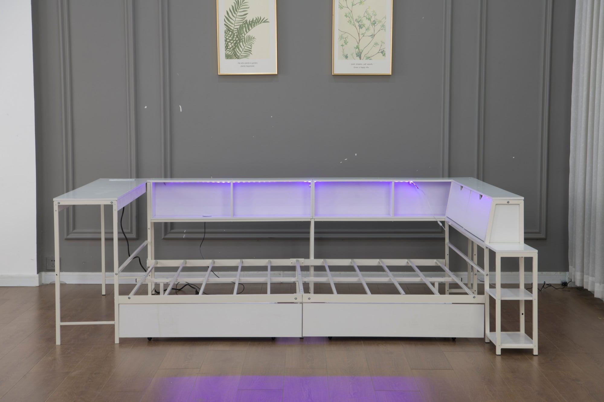 AENKYO Queen Size Corner Daybed with Desk & Storage Headboard, LED Lights, Power Outlets & Drawers, White