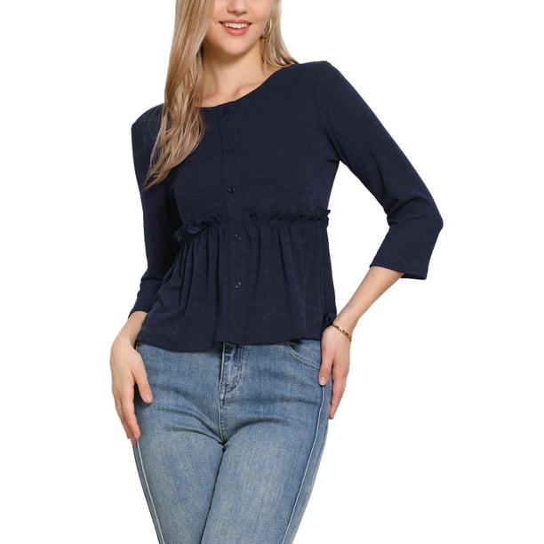 TOP Peplum CHIC INSPIRAR para Mujer Cuello Redondo de Manga 3/4 Blusas con Volantes S Azul Oscuro