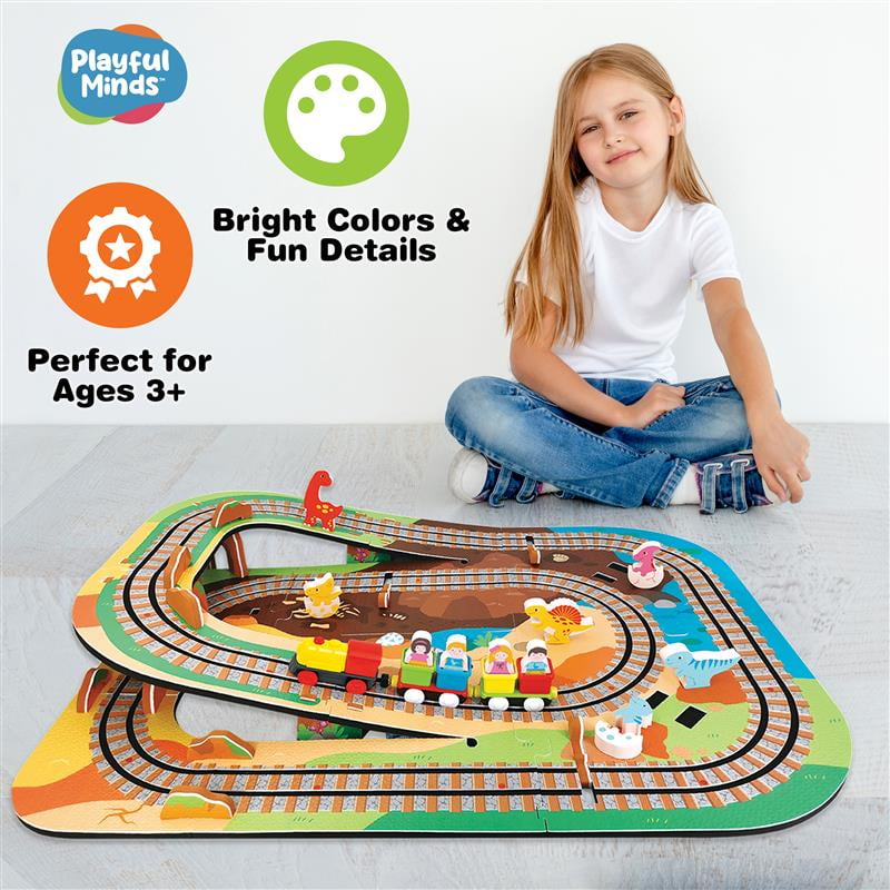 Playful Minds Dino Park Train Puzzle – 60 Pc Foam Track & Motorized Train Set for Kids 3-5