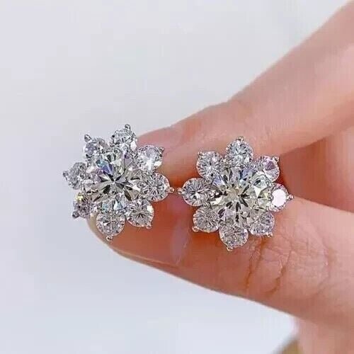 Stunning Round Cut Simulated Diamond 2CT Flower Stud Earrings 14K White Gold Plated Sterling Silver