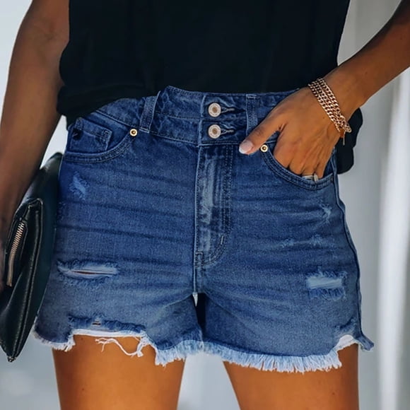LOVZFMLL Women's Tattered Jeans Short High-Waisted Double-Button Comfortable Stretch Shorts Dark Blue S