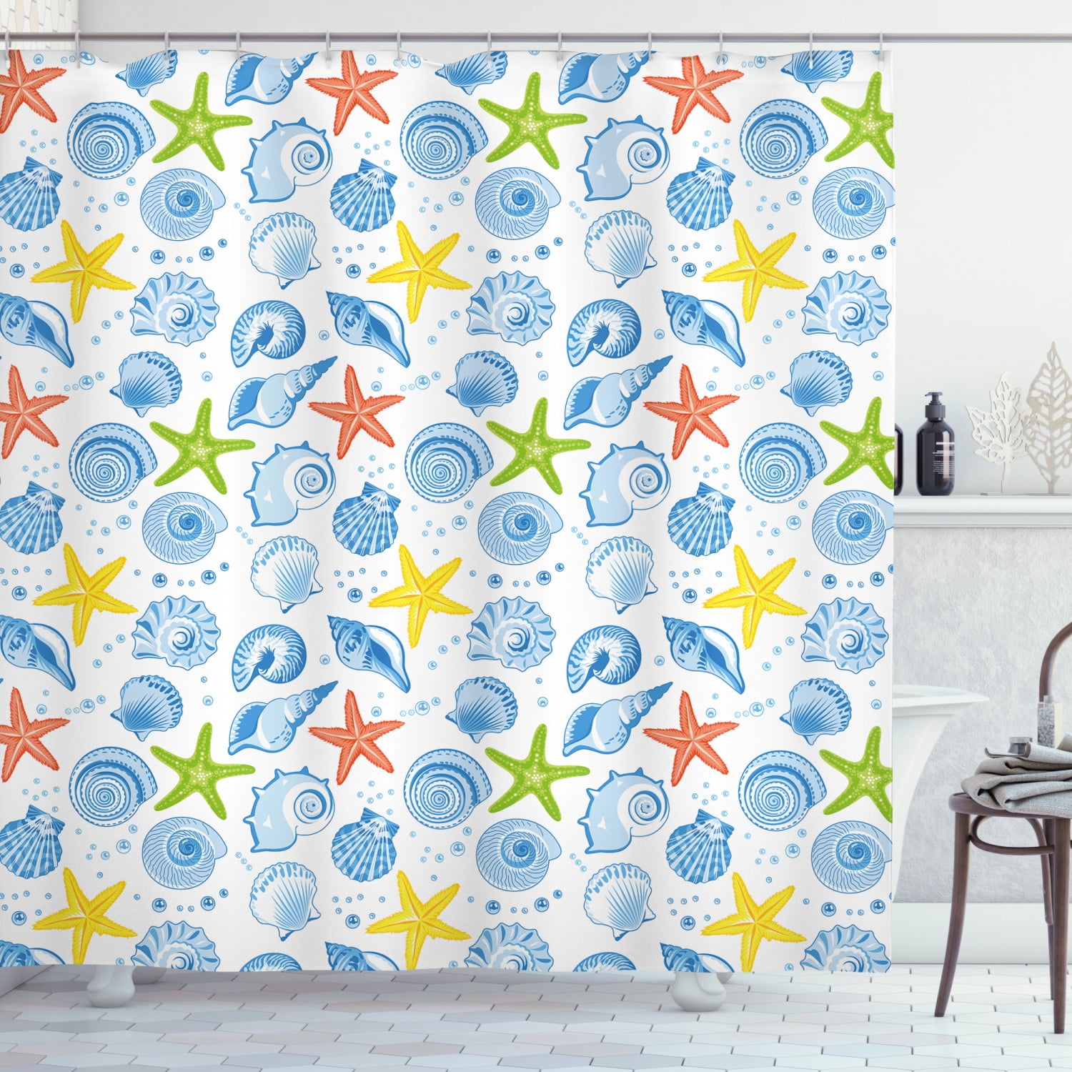 Sea Shells Shower Curtain, Starfishes Aqua Marine Inspirations Aquarium