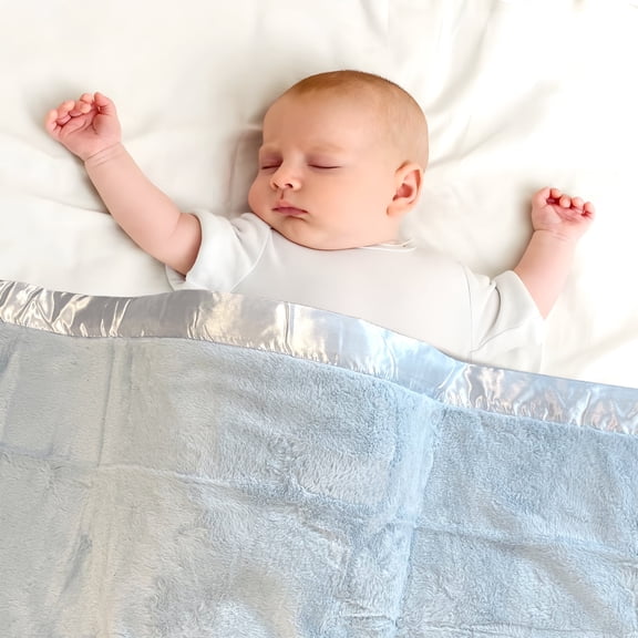 Baby Faux Fur with Satin Blanket, 30"x40", Light Blue, Outtek