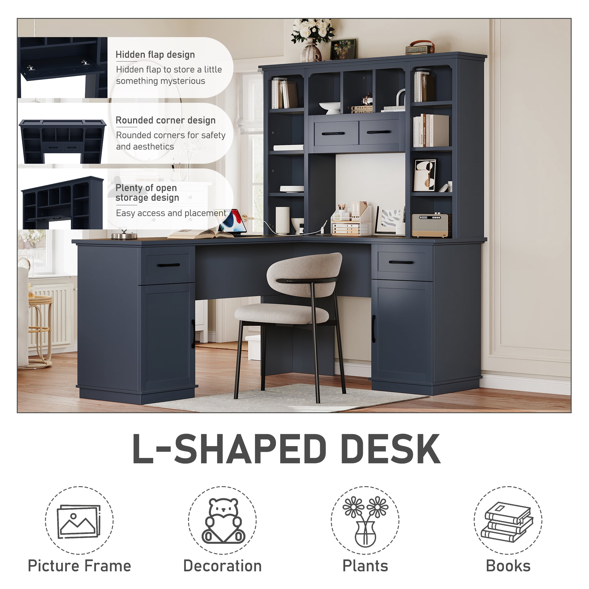 MDQMD Modern L-Shaped Blue Office Desk with Drawer and Shelves,Computer Desk with Storage for Study, Office