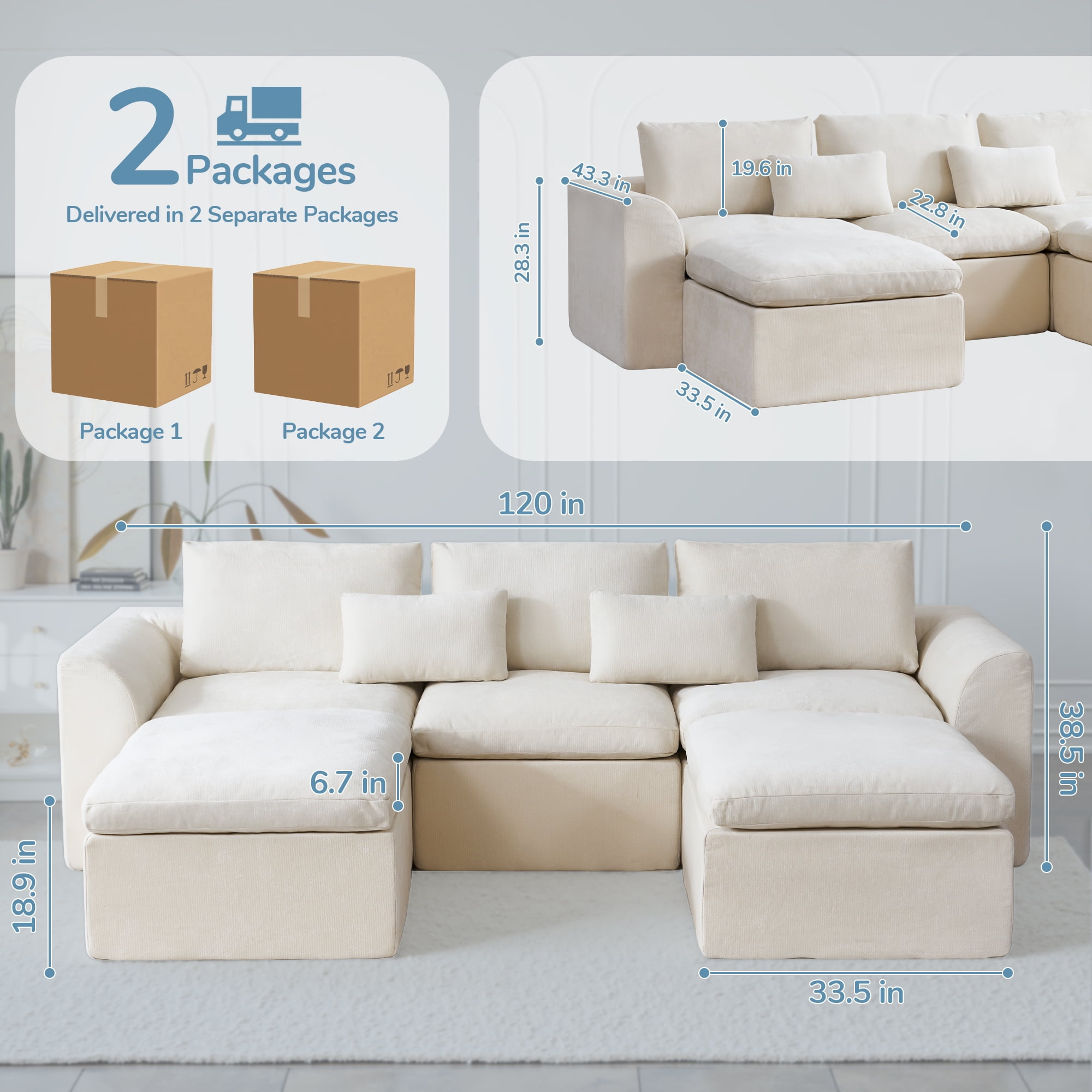 YINIX 120" Modular Sectional Sofa with Movable Ottomans, U-Shaped Couch for Living Room, No Assembly Required, Beige