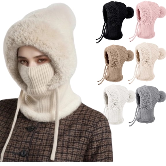 3 in 1 Beanie Hat for Women, Beanie Mask, & Scarf in One, Cold Resistant Hats, Windproof Warm Snow Cap,Beige