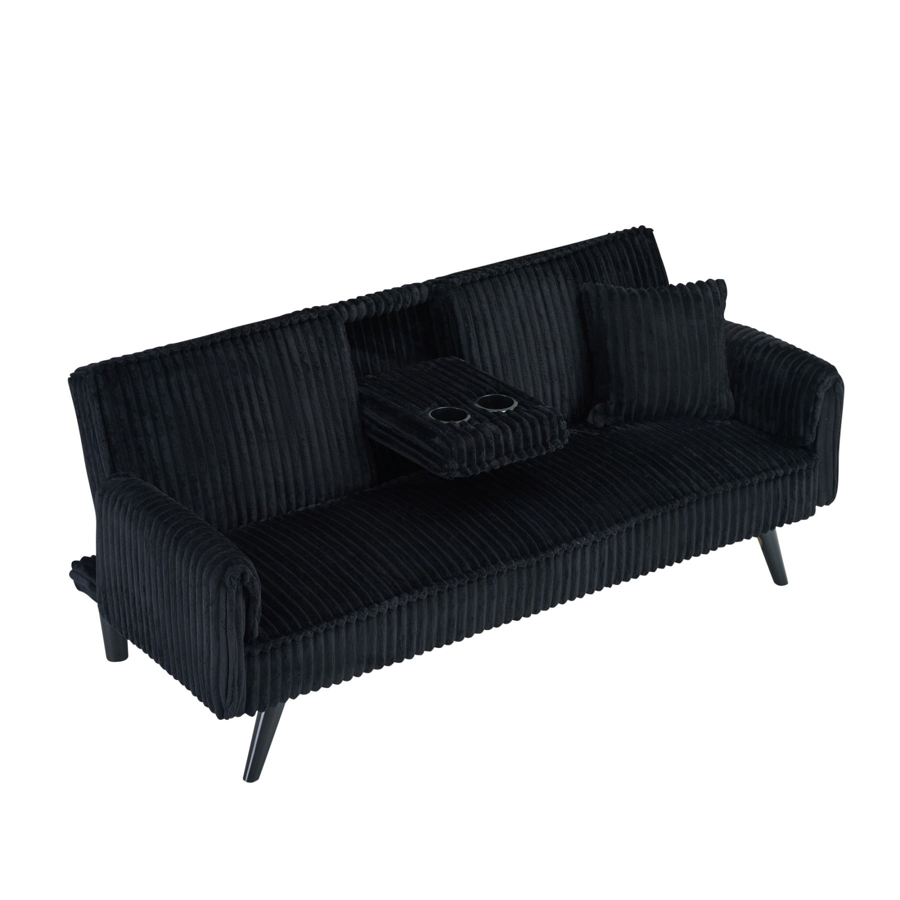 Corduroy Sofa Couch, Adjustable Modern Sleeper Sofa with Cup Holders for Living Room Bedroom Apartment, Black