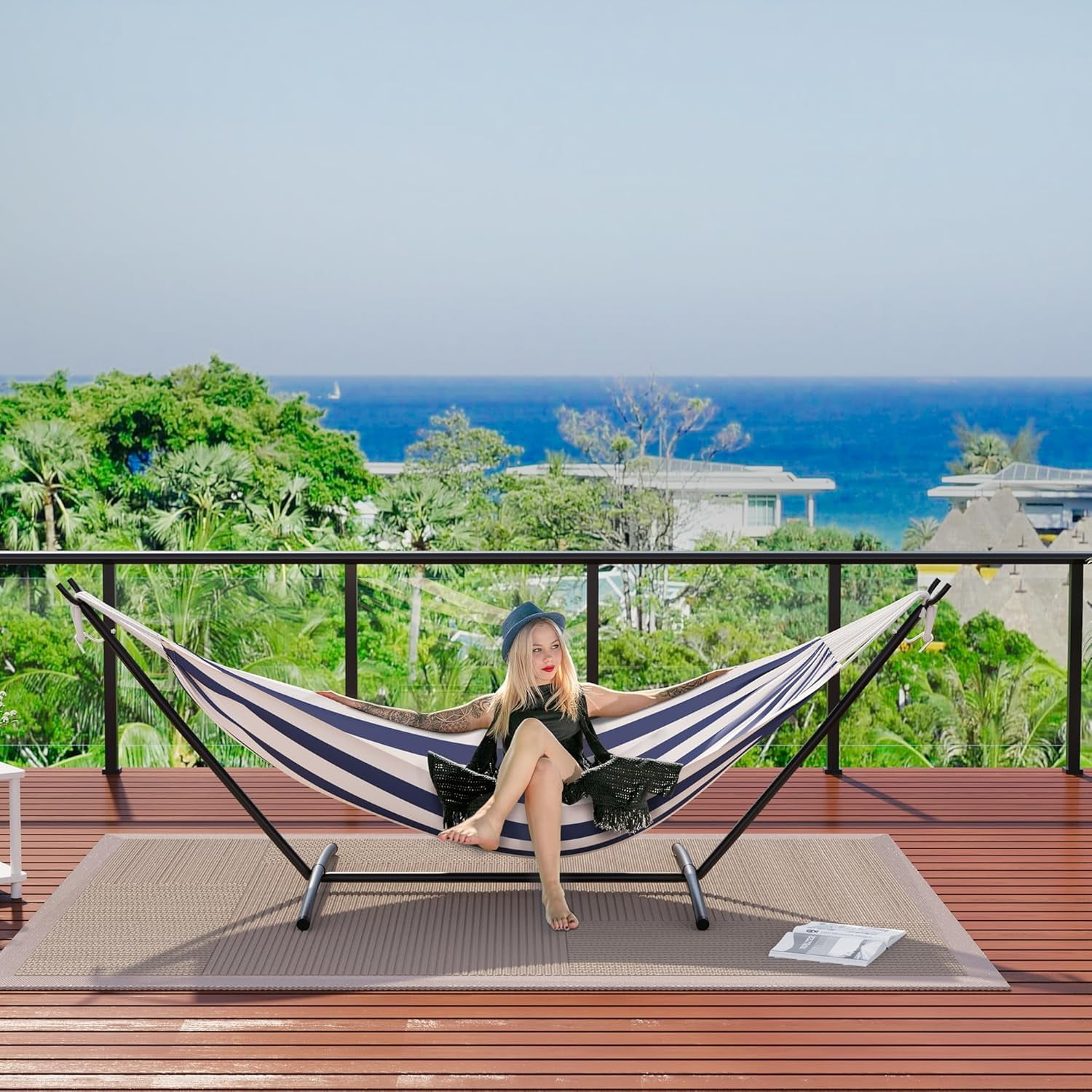 Double Hammock with Foldable Steel Stand and Carrying Bag, Portable Freestanding Hammock for Indoor & Outdoor Use, 450 lbs Capacity, Ideal for Garden, Patio, Camping, Beach, Blue