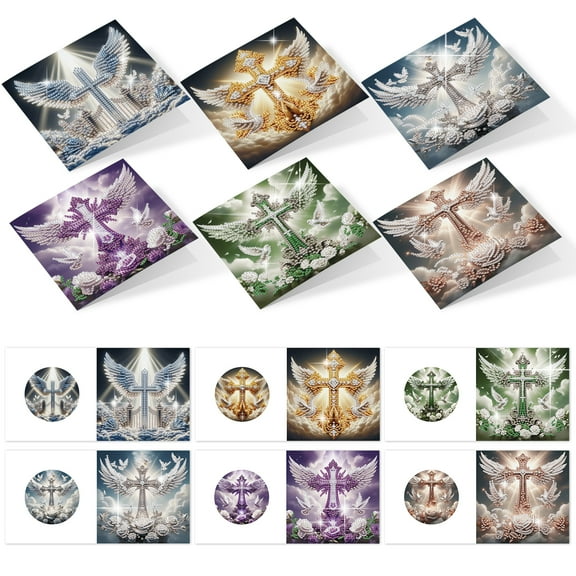 6pcs Diamond Painting Kit Greeting Cards, Winged Cross Design 5D Handmade Art Birthday Holiday Cards with Envelopes, Christmas Gift
