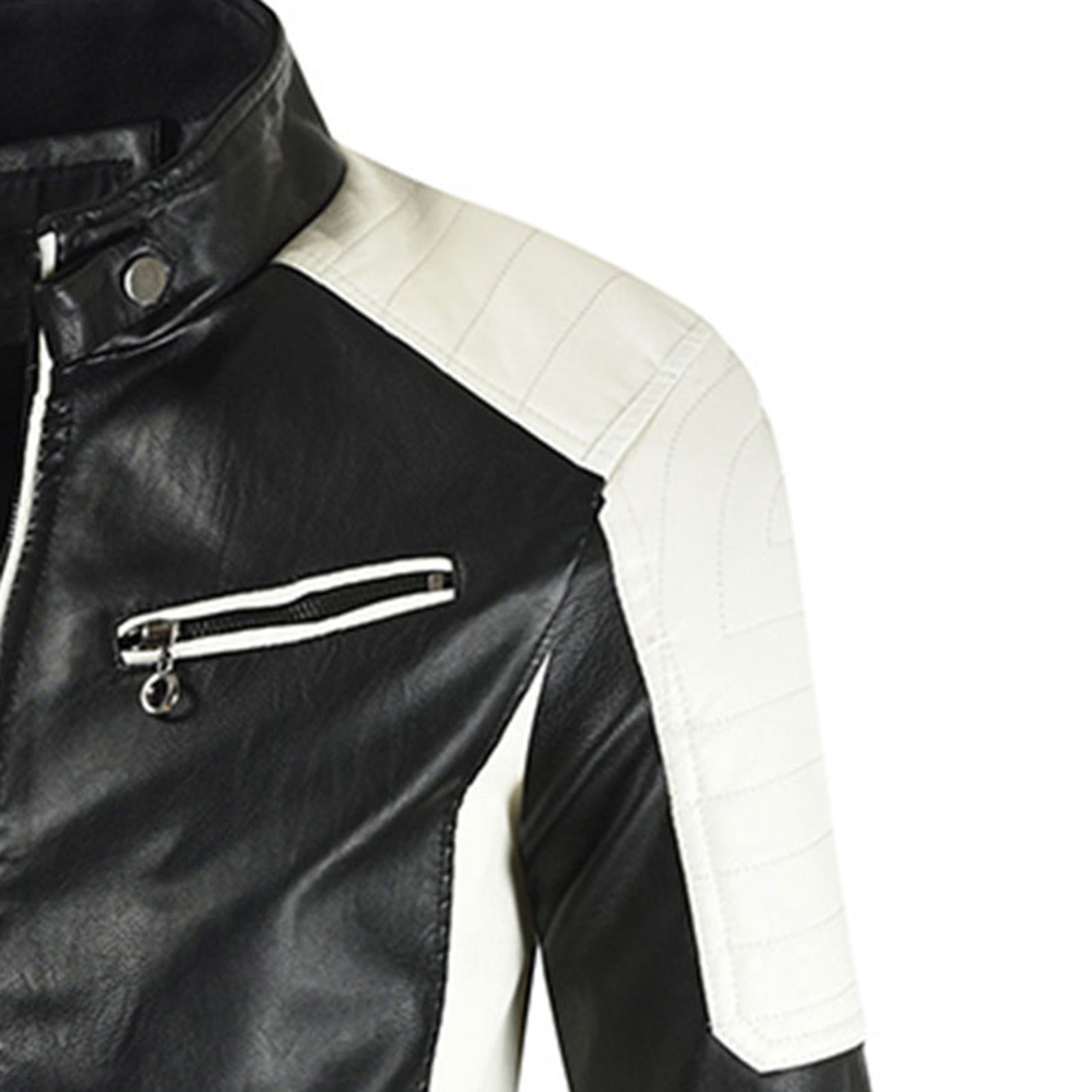 IROINNID Men's Faux Leather Stand Collar Long Sleeve Color Block Leisure Stand Collar Pocket Color Block Jacket