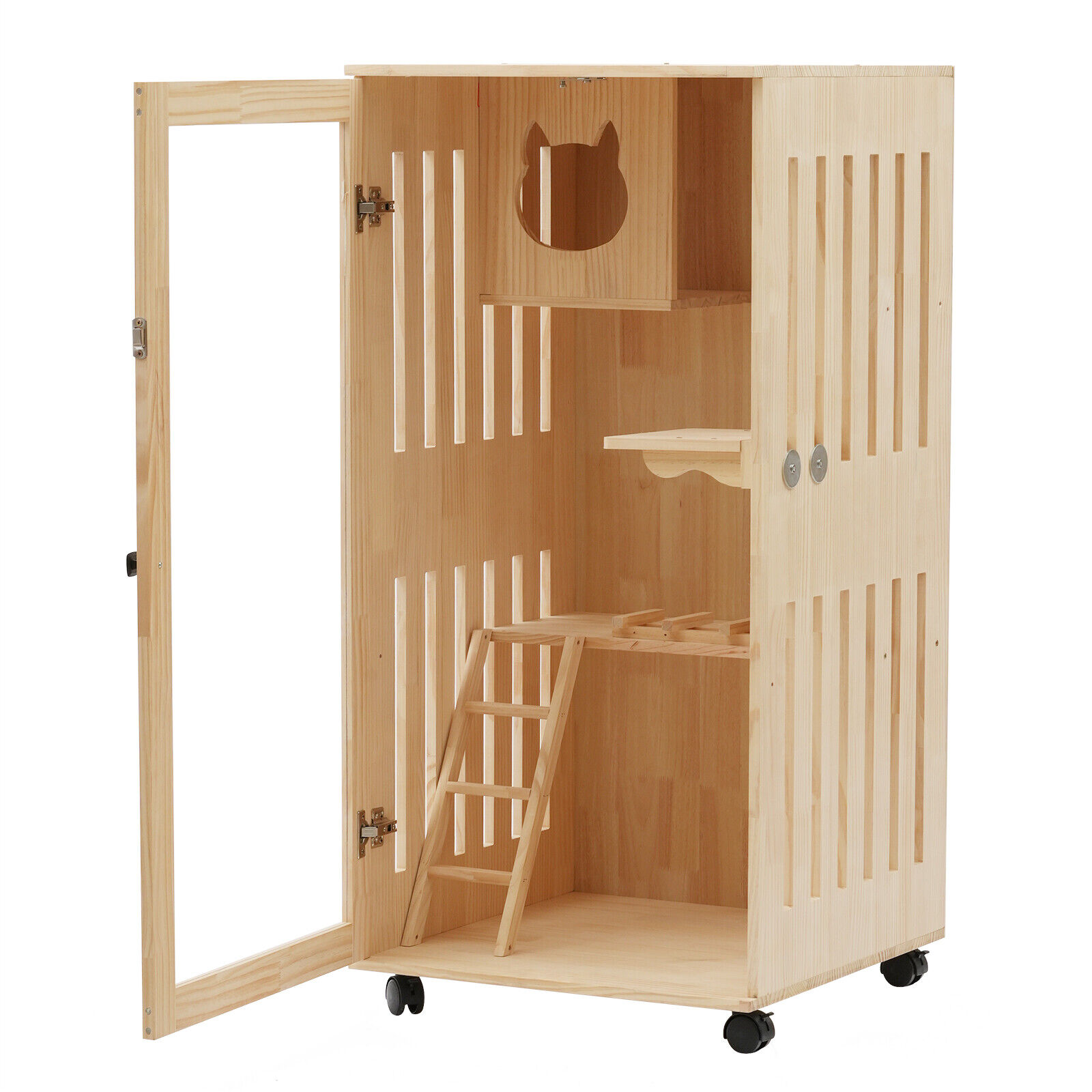 Luxury Multi Feature Cat Condo - Large Wooden Cat House, Outdoor and Indoor Cat House, Oversized Cat Villa on Wheels with Cat Scratching Posts for Cat Cafe Pet