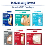 Care Science Variety Bandages Pack, 300 Count Assorted Sizes | Includes Active, All-Purpose, Waterproof, and Heavy-Duty Bandages