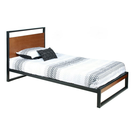 Home Bedroom Furniture Maximo Metal and Wood Platform Bed Frame Tw- Brown Oak