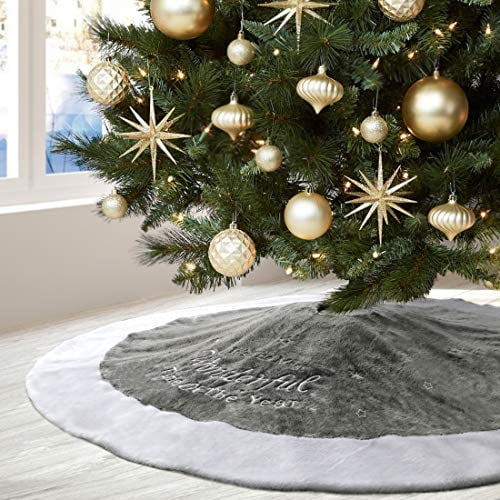 Alynsehom Gray Christmas Tree Skirts Luxury Faux Fur Plush Wonderful Time Embroidery Large Size Xmas Tree Skirts Holiday Tree Ornaments Home Party Christmas Decorations (Dia.48/122Cm) - Walmart.com