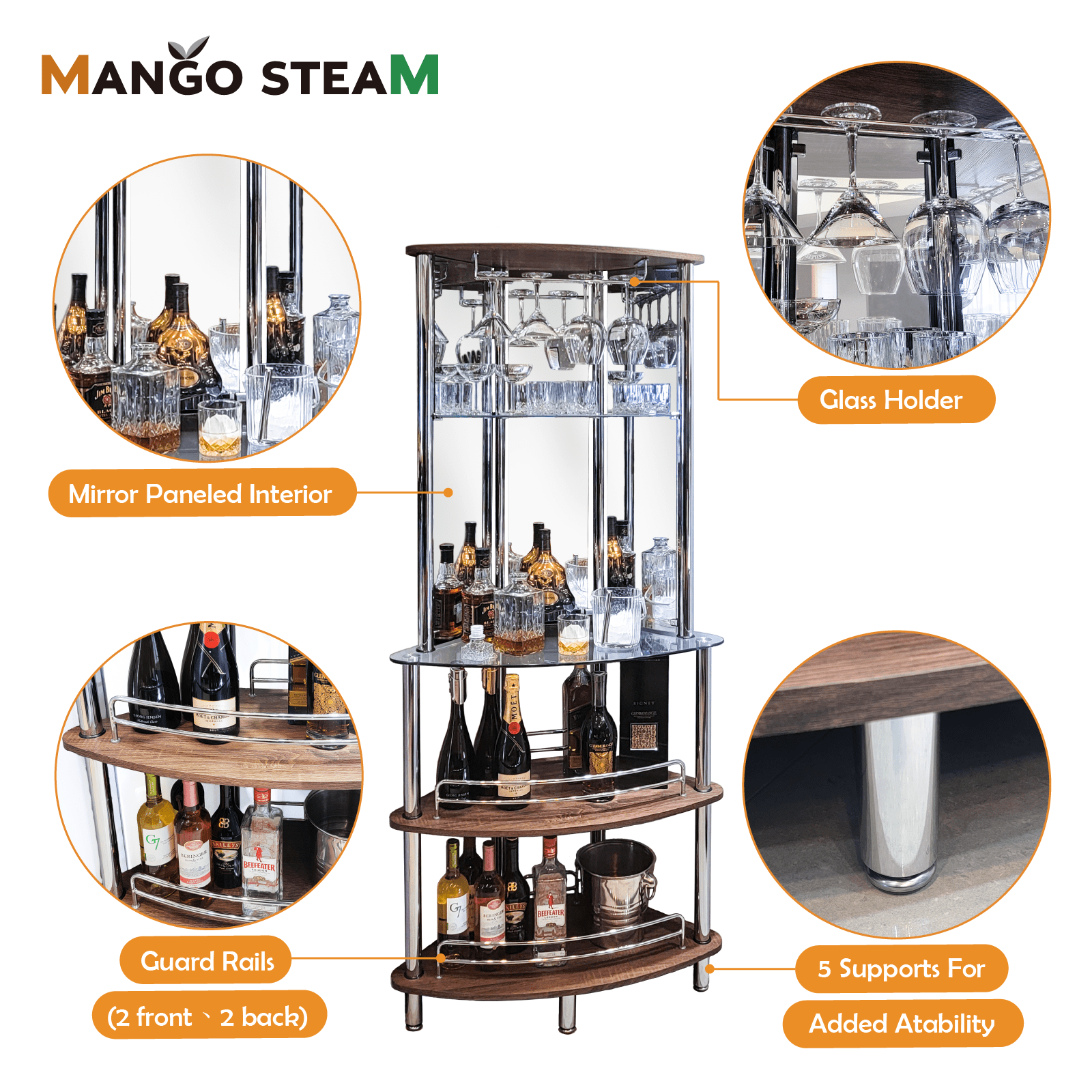 Mango Steam Modern Home Liquor Mini Bar Catalina Table For Home  (Tower Bar, Clear and Brown)