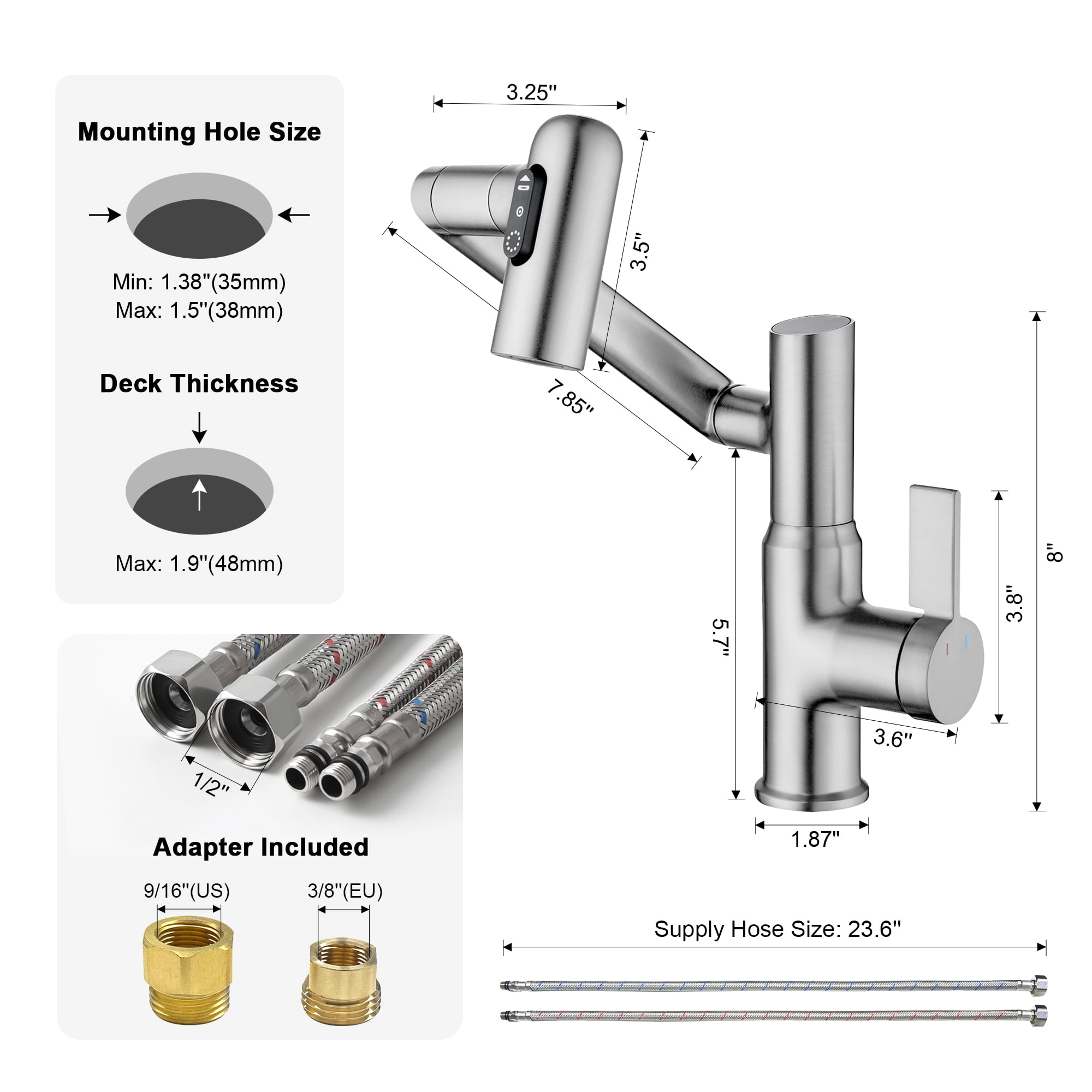 Lefton Rotatable Bathroom Faucet with Temperature Display in Fahrenheit (Batteries-Free), 3 Water Outlet Modes, Brushed Nickel, BF2204-0