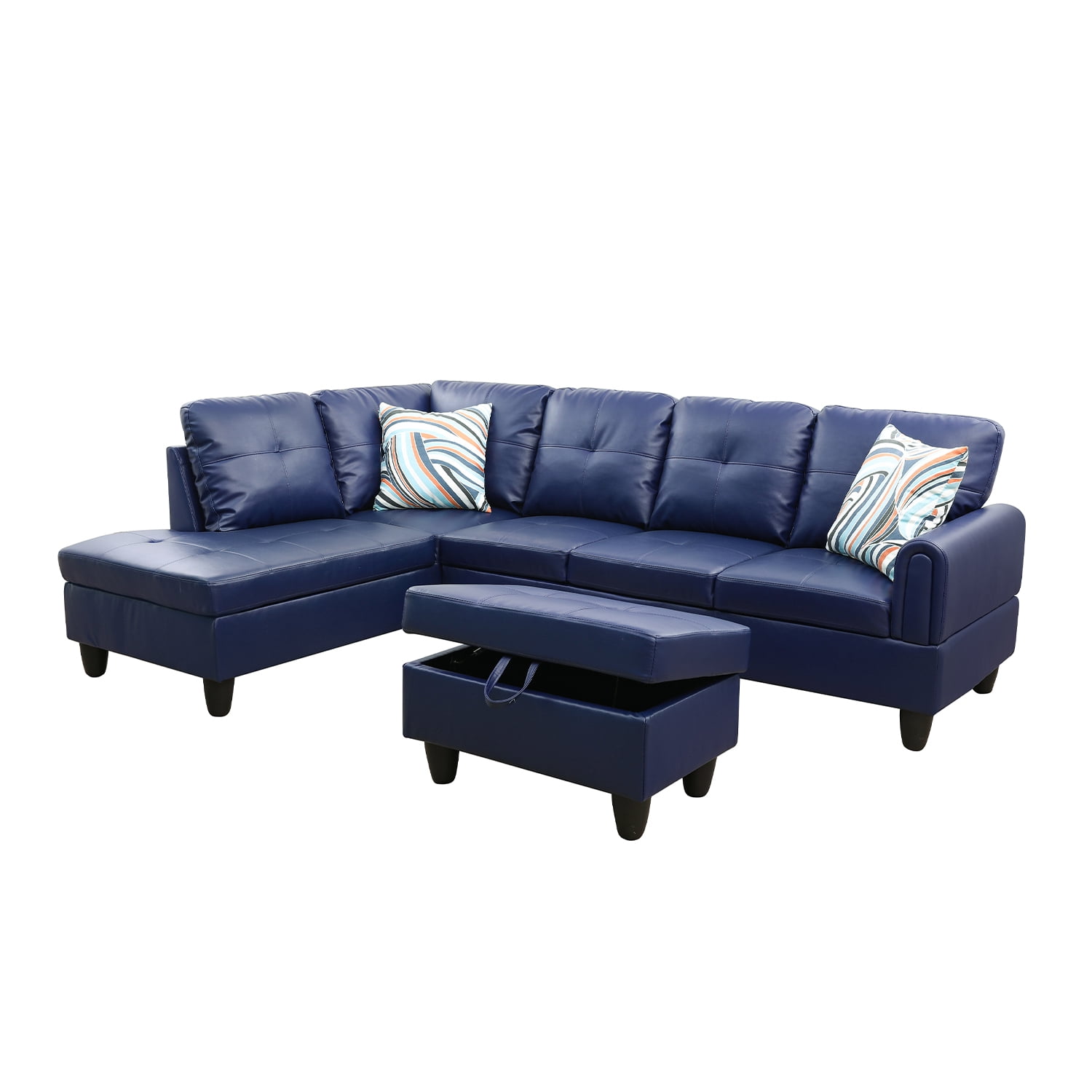 Hommoo L Shaped 4-Seat Couch, 16'' Back Height Faux Leather Sectional Couches and Sofas, Modern Living Room Furniture Sets Sectional Sofa Set, Blue(No Ottoman)
