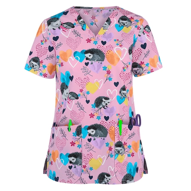 Puntoco Blusa de manga corta con cuello en V para mujer Uniforme de trabajo Blusa con estampado de dibujos animados Puntoco Puntoco-2698