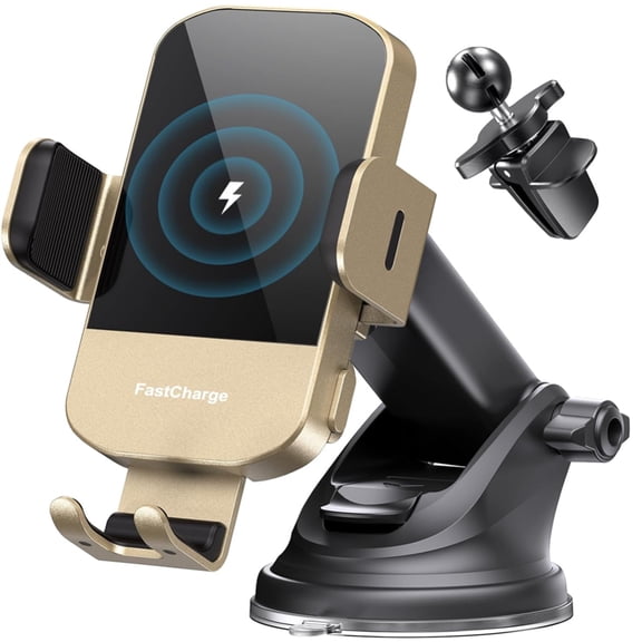Wireless Car Charger, 15W Fast Charging Auto Clamping Phone Holders for Your Car Phone Mount for Car fit for iPhone 17 16 15 14 13 12 Pro Max 11 XR XS, Samsung Galaxy S25 Ultra S24 S23, Gold