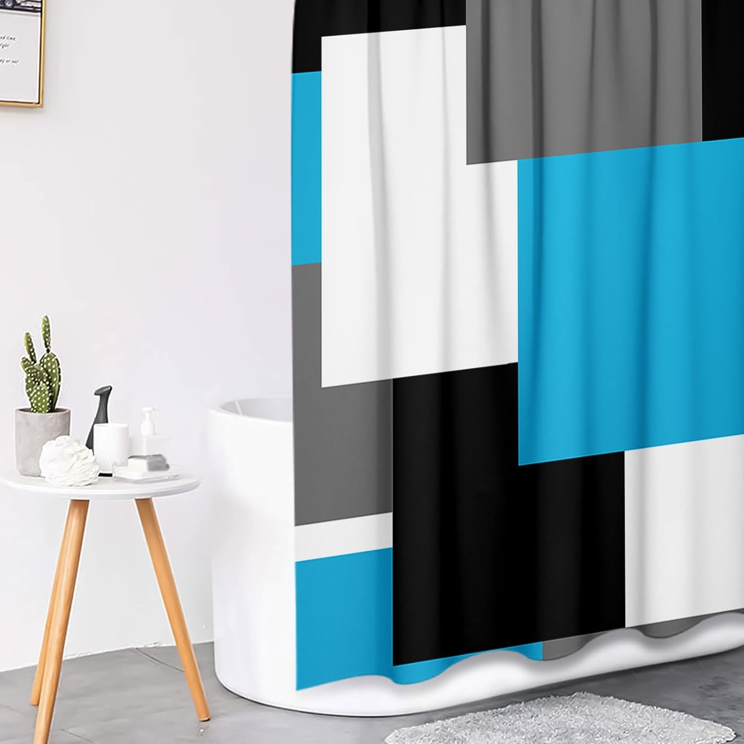 Grey Geometric Shower Curtain Set with Toilet Lid Cover and Non-Slip Rugs for Bathroom, Black White Checkered 4 Pcs Shower Curtain, Modern Abstract Bathroom Set with 12 Hooks