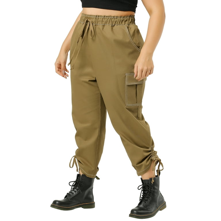 Agnes Orinda Women's Plus Size Drawstring Elastic Waist Stacked Cargo Pants