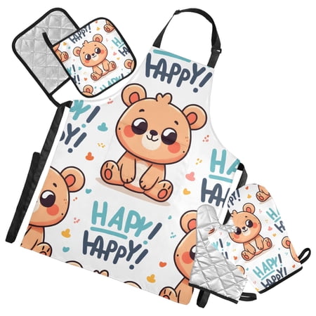 Happy Bear 5 Pcs Kitchen Set Heat Resistant Oven Mitts and Non-Slip Pot Holders with Adjustable Cooking Apron