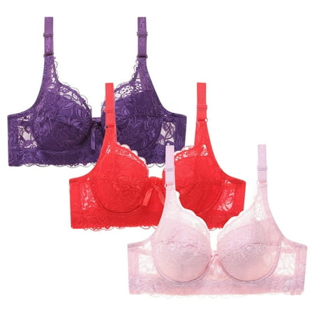 WREESH Womens 3 Pack Lace Bralette Soft Padded Push Up Bras Adjustable Strap Wireless Plunge Bra Comfortable Everyday Bra Underwear Purple