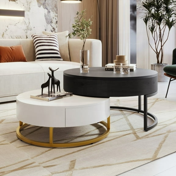 Round White & Black Modern Lift-top Nesting Coffee Tables with 2 Drawers
