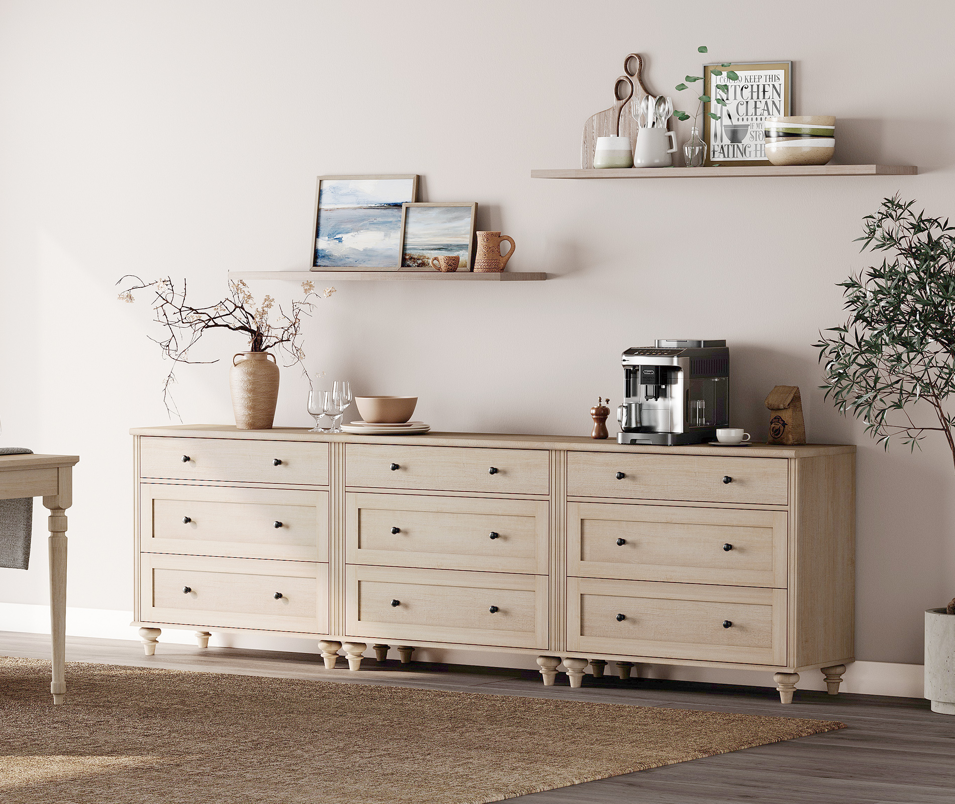 Mid Century Modern Wooden Dresser Set, Light Beige for Livingroom