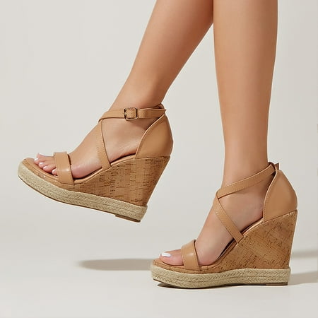 

VKEKIEO Peep Toe Business Casual Shoes High Heel Wedge Beige