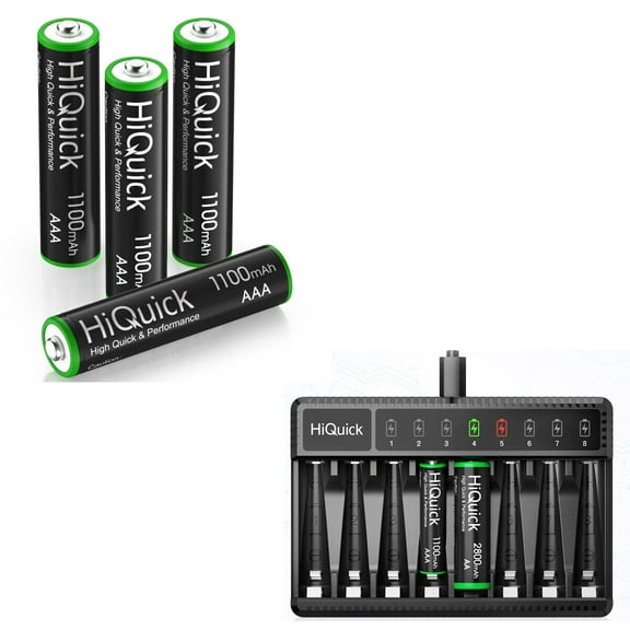HiQuick Pre-Charged 1100mAh AAA Rechargeable Batteries (4 Pack) and 8-Bay Fast Charging AAA Battery Charger for NIMH NiCd