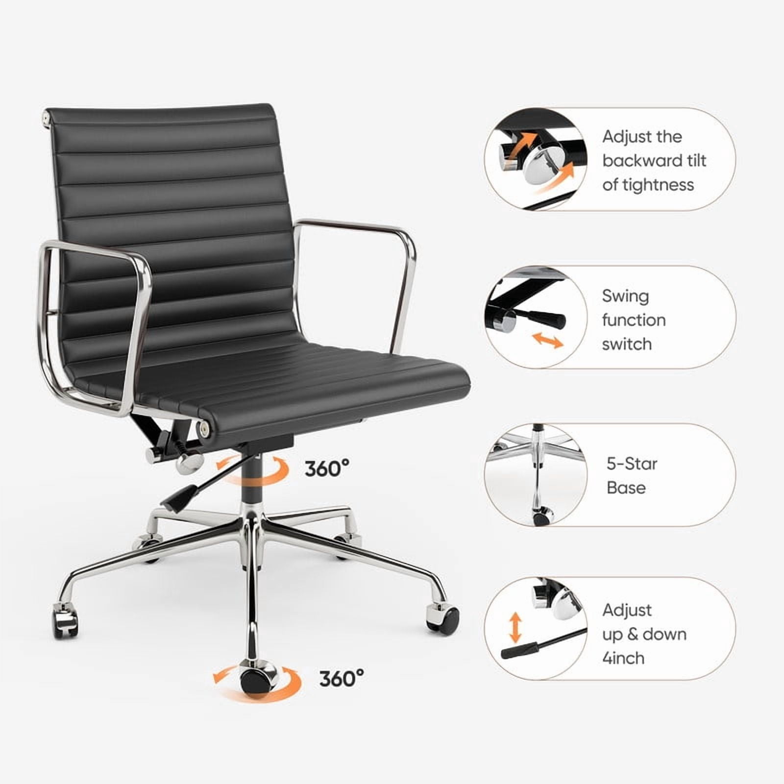 Cottinch Ribbed Office Chair Mid Back Genuine Leather Ergonomic Desk Chair with Arms, Adjustable Height Executive Conference Task Chair Swivel Chair for Home Office, Black