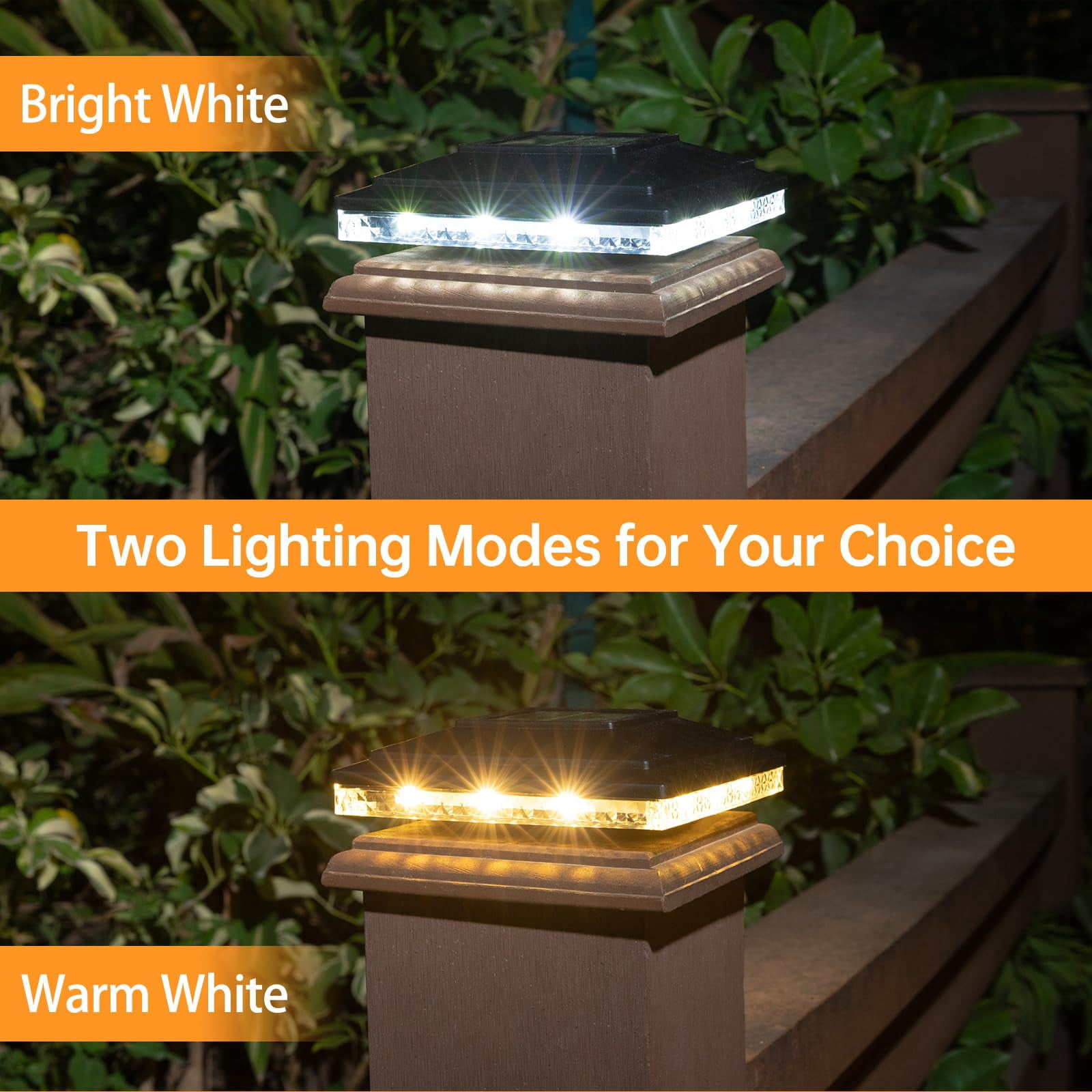 12Pack Solar Post Cap Lights for Outdoor Decks & Fences 20Lumens Dual Mode (Warm White/Bright White) Powerful Lithium Battery Fits 4x4 & 5x5 Wooden/Vinyl Posts (Black)