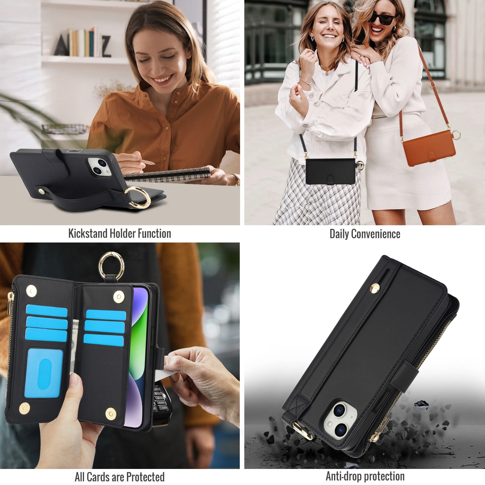 ELEHOLD For iPhone 13 Phone Case Leather Crossbody Zipper Card Wallet Flip Case Kickstand Cover, with Ring Holder,Full Body Protection-Black