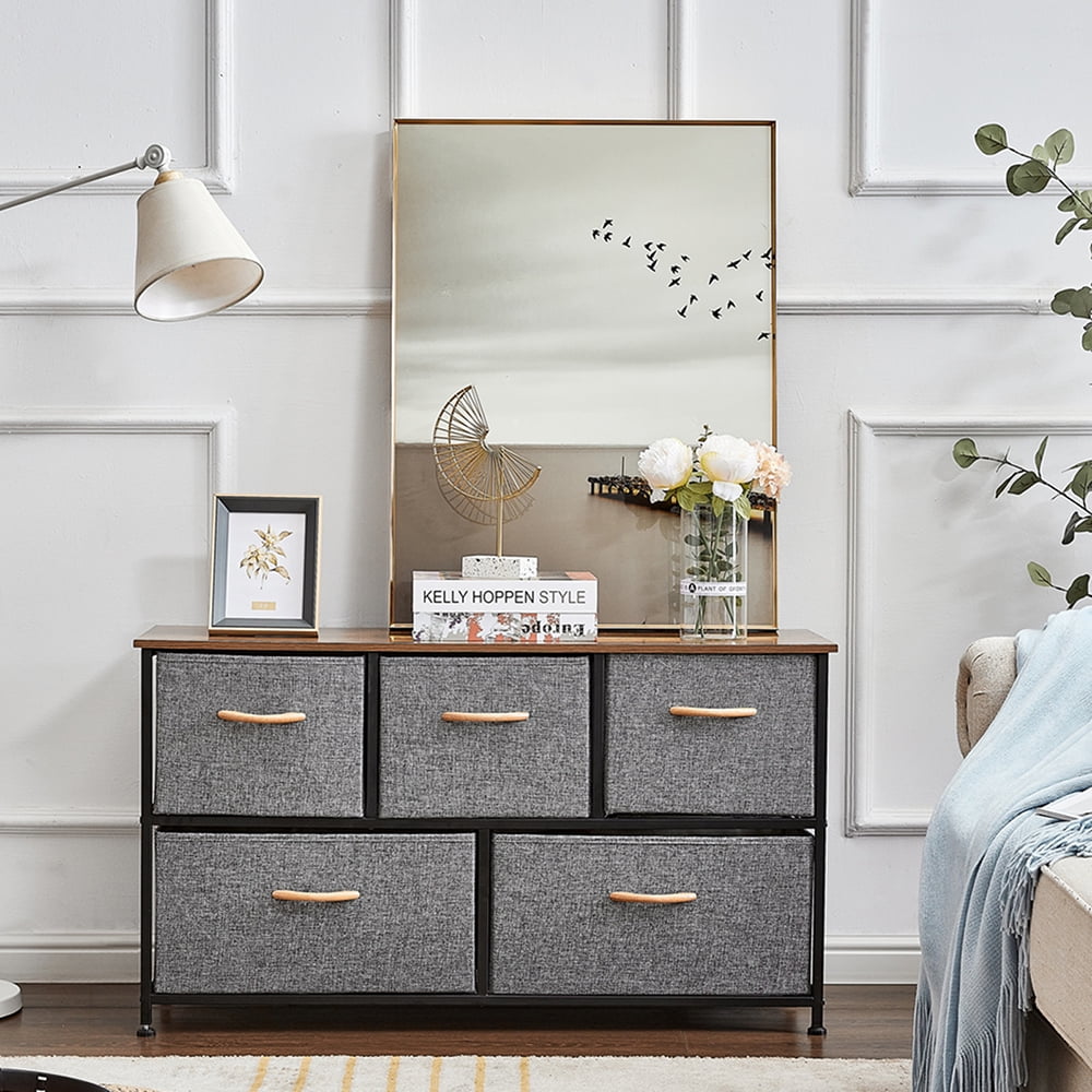 Kepooman Home Modern Rectangle Dresser Table with 5 Fabric Drawers for Storage & Organization, Dark Grey Kepooman Home Modern Rectangle Dresser Table with 5 Fabric Drawers for Storage & Organization, Dark Grey