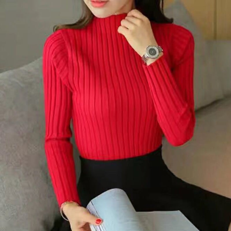 Womens Casual Long Sleeve Turtleneck Chunky Knit Pullover Sweater Jumper Tops Red L